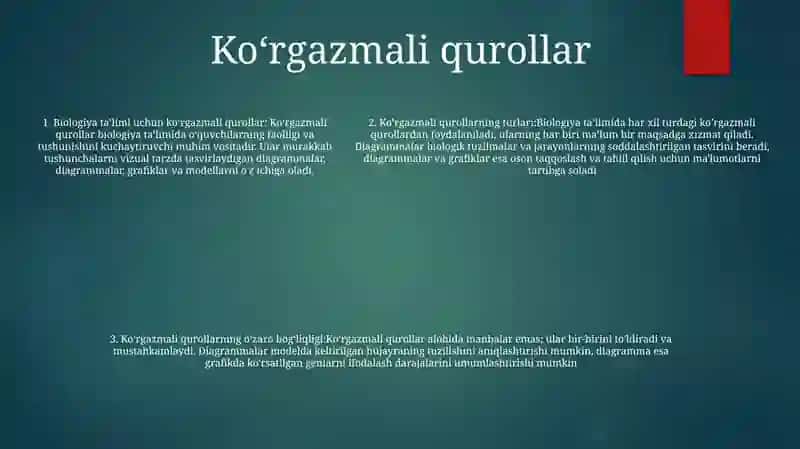 Biologiya OʻQitish Vositalarining Turlari Va Ularning OʻZaro BogʻLiqligi 4