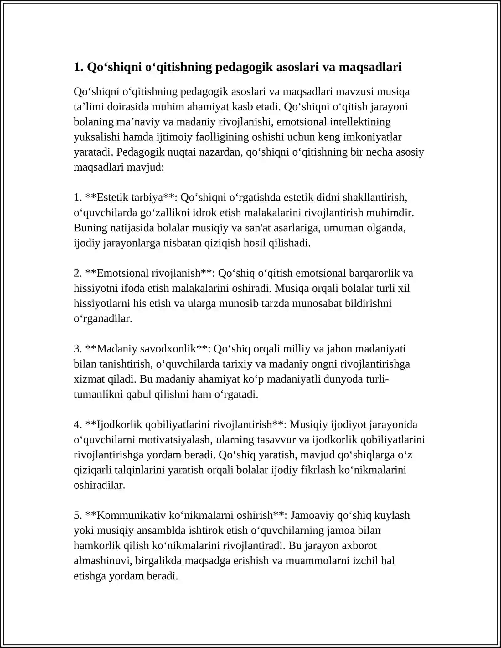 MUSIQA MASHG‘ULOTLARIDA QO‘SHIQ O‘RGATISH METODIKASI, YANGI ASHULANI O‘RGATISHDAGI ASOSIY JARAYONLAR (VOKAL, JAMOA BO‘LIB IJRO MALAKALARINI O‘STIRISH) 4