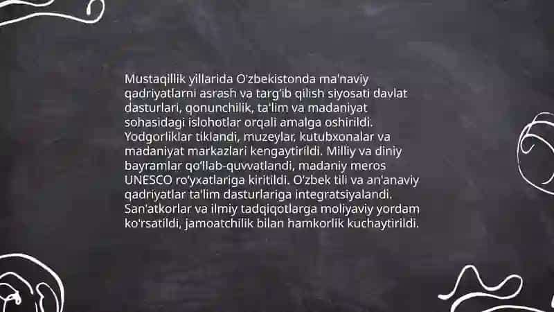 Mustaqillik yillarida Oʻzbekistondagi ma'naviy va madaniy taraqqiyot 4