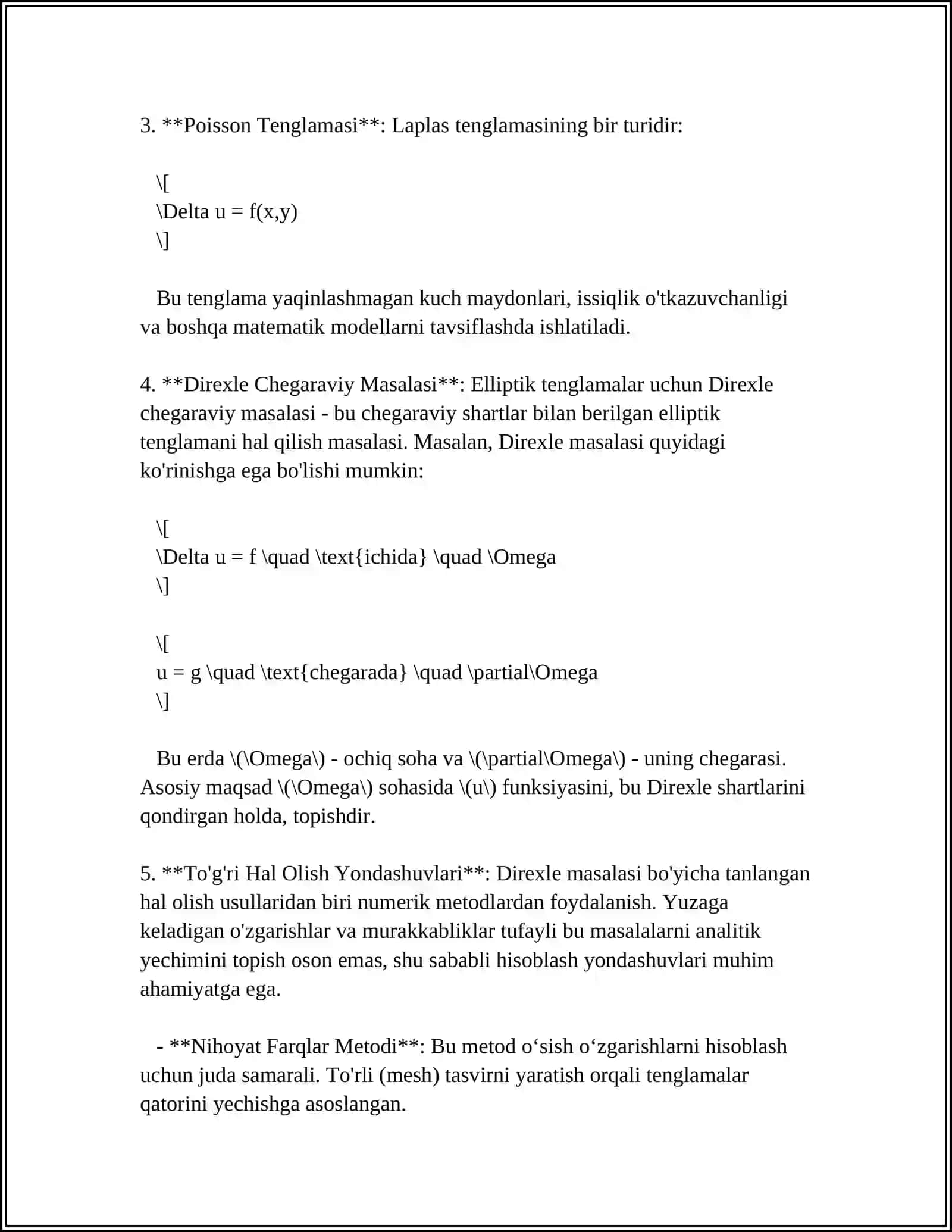 ELLEPTIK TURDAGI TENGLAMAGA QO'YILGAN DIREXLE MASALASINI TOR USULI YORDAMIDA MODELLASHTIRISH 4