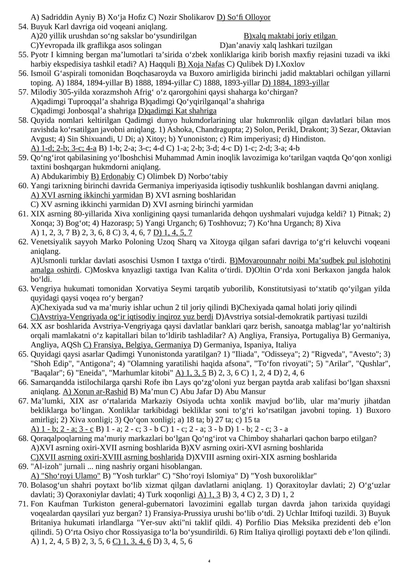 Tarix attestatsiya savollari va javoblari ehtimoliy savollar va tushgan savollar javobi bilan 4