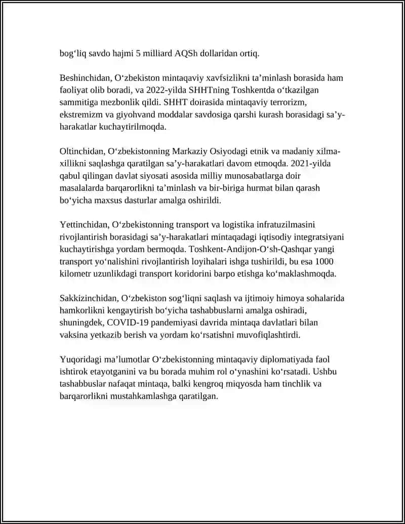O‘ZBEKISTONNING MARKAZIY OSIYODA TINCHLIK VA BARQARORLIKNI TA’MINLASHDAGI O‘RNI 4