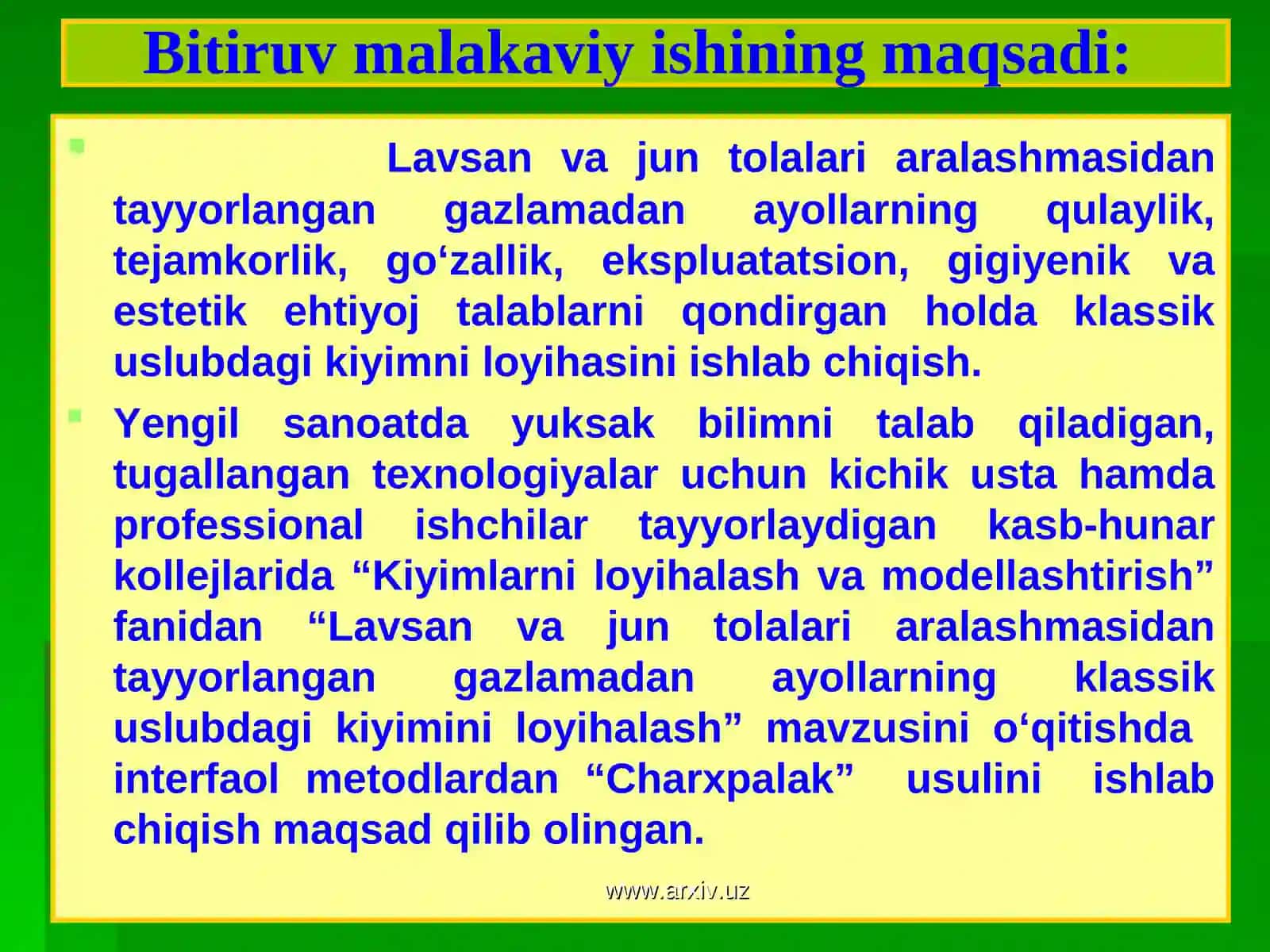 Lavsan va jun tolalari aralashmasidan tayyorlangan gazlamadan ayollarning klassik uslubdagi kiyimini loyihalash” 4