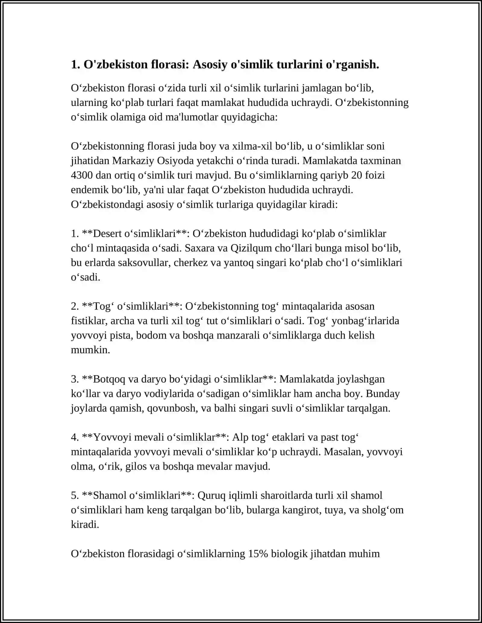 O‘ZBEKISTON FLORASI, FAUNASI VA ULARNI MUHOFAZA QILISH 4