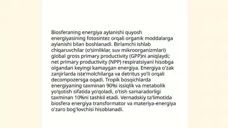 Modda va energiya aylanishida biosferaning ahamiyati Vernatskiy taʼlimotiga koʻra biosferaning tarkibiy qismi 4