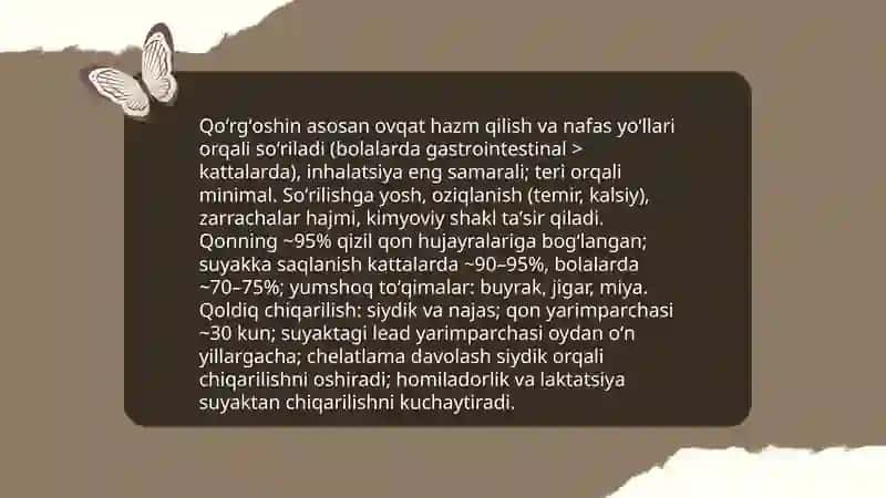 Qoʻrgʻoshindan zaharlanish. Etiologiyasi, patogenezi, tasnifi, davolash, diagnostika. Oldini olish chora tadbirlari. 4
