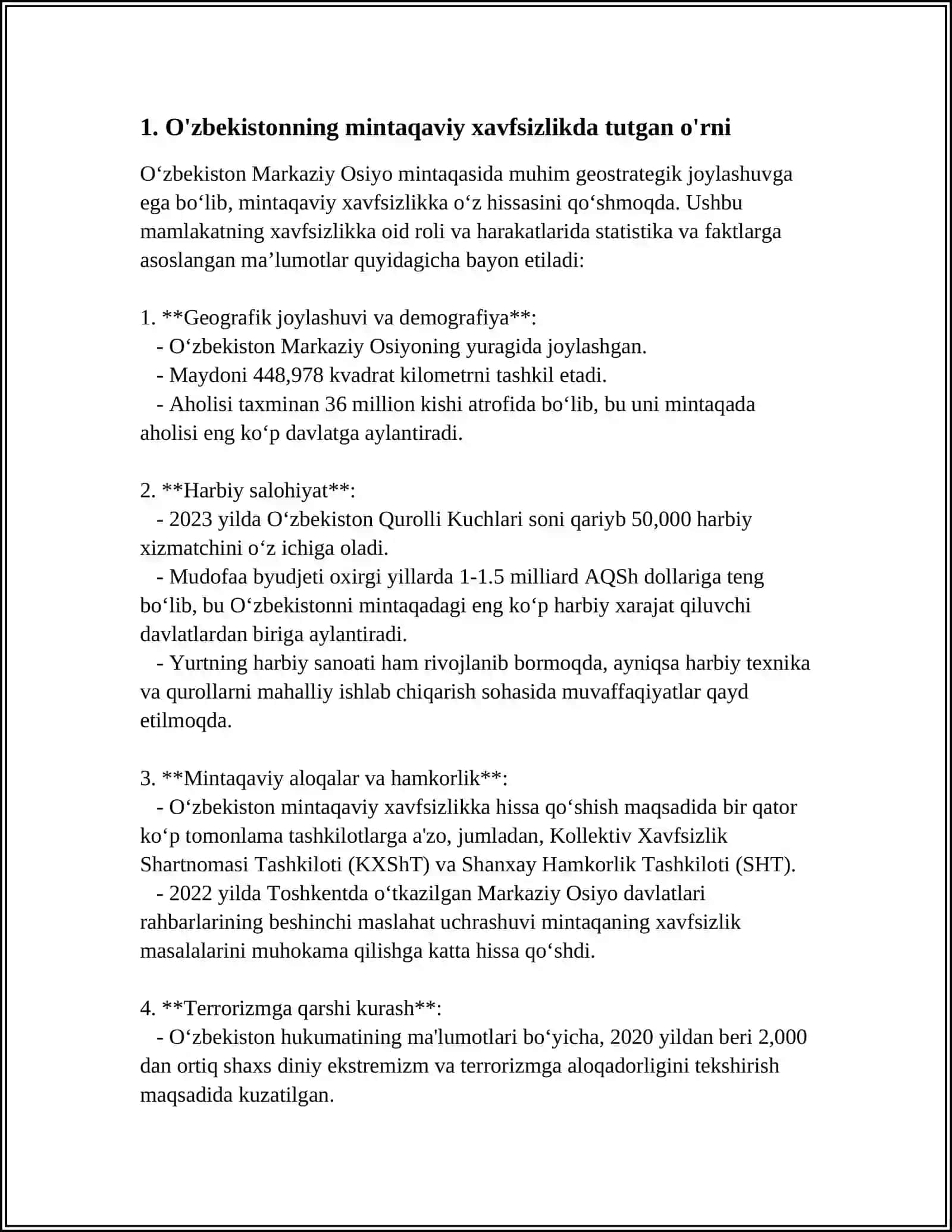 O'ZBEKISTONNING MARKAZIY OSIYODAGI TINCHLIK VA BARQARORLIKNI TA'MINLASHDAGI O'RNI 4