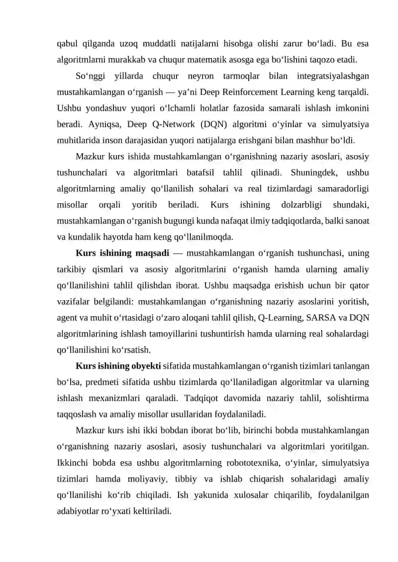 "Mustahkamlangan o’rganish (Reinforcement Learning) algoritmlarning amaliy qollanilishi" 4