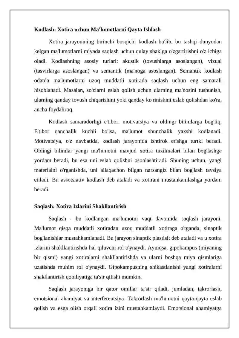 Xotira jarayonlari: mexanizmlar va rivojlantirish usullari 4