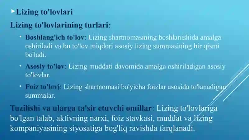 Lizing to‘lovlarini va lizingning moliyaviy samaradorligini aniqlash, banklarda lizing hisobi 4