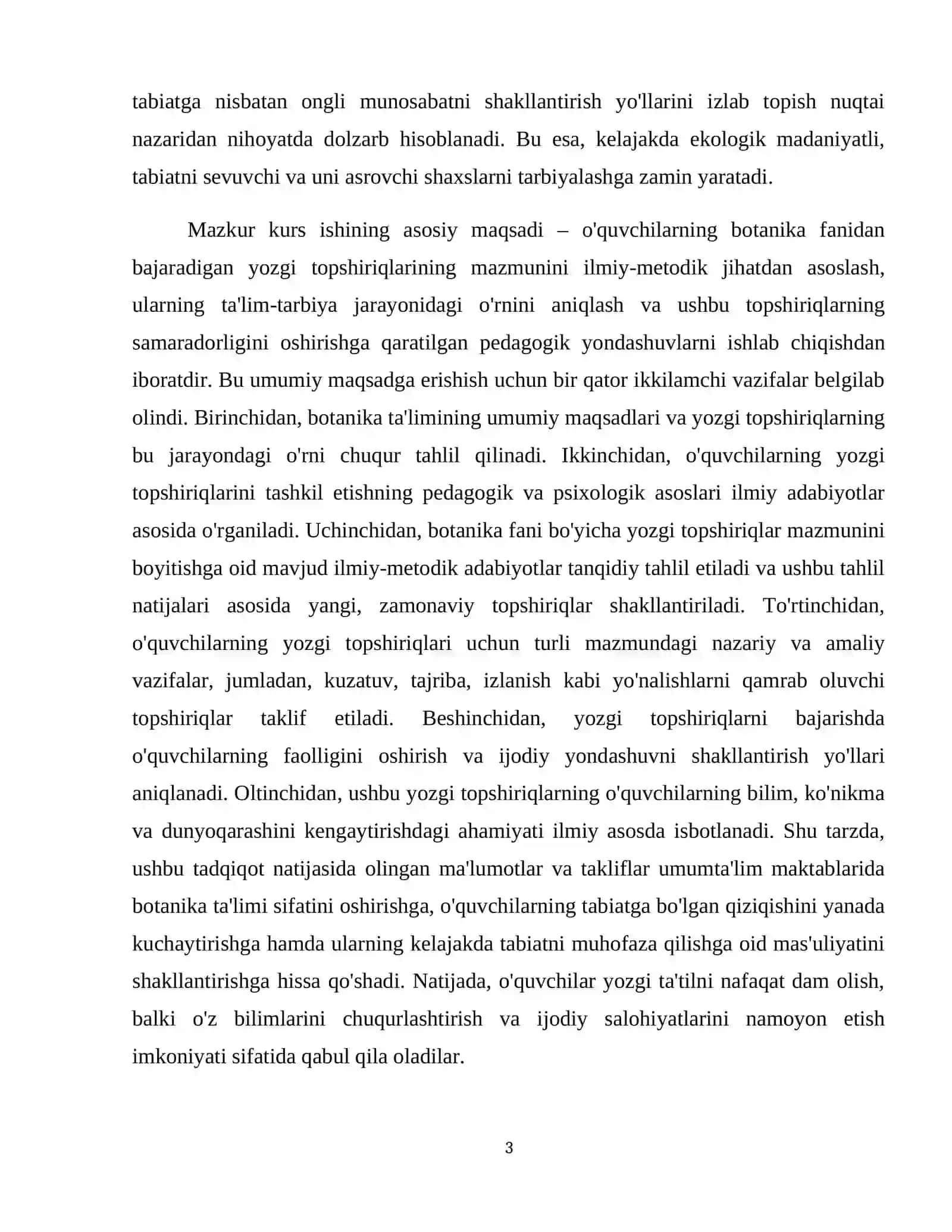O'quvchilarning botanikadan bajaradigan yozgi topshiriqlarining mazmuni va uning ta'lim-tarbiya jarayonida tutgan o'rni 4