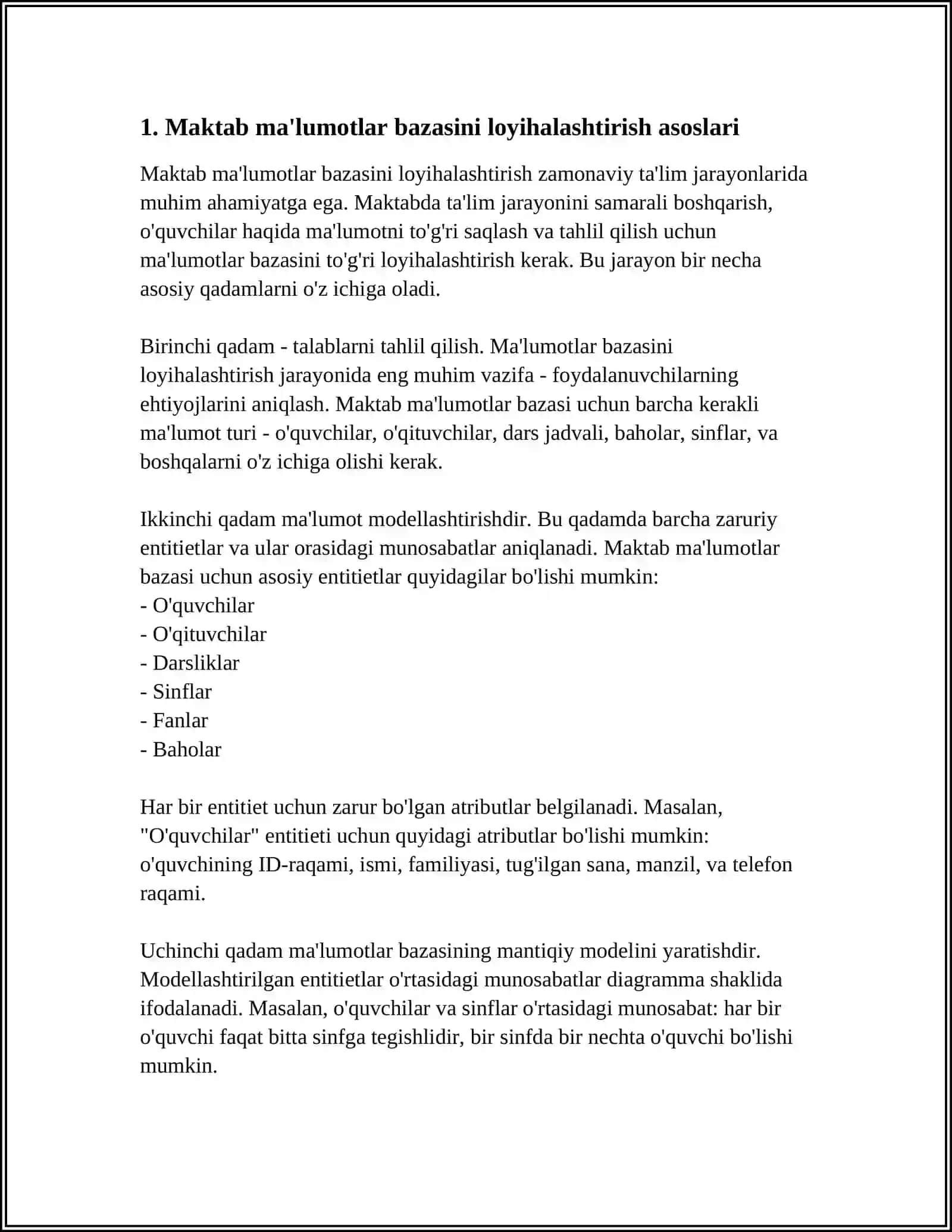 "MAKTAB" MAʼLUMOTLAR BAZASINI LOYIHALASHTIRISH VA ISHLAB CHIQARISH 4