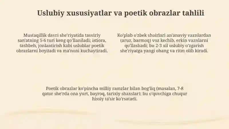 Mustaqillik davri o'zbek sheʼriyati namunalarini ifodali oʻqish 4