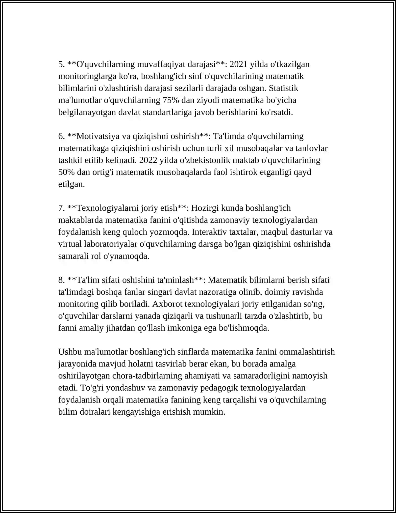 BOSHLANG’ICH SINFLARDA MATEMATIKADAN SINFDAN TASHQARI ISHLARNI TASHKIL ETISHNING MAQSAD VA VAZIFALARI 4