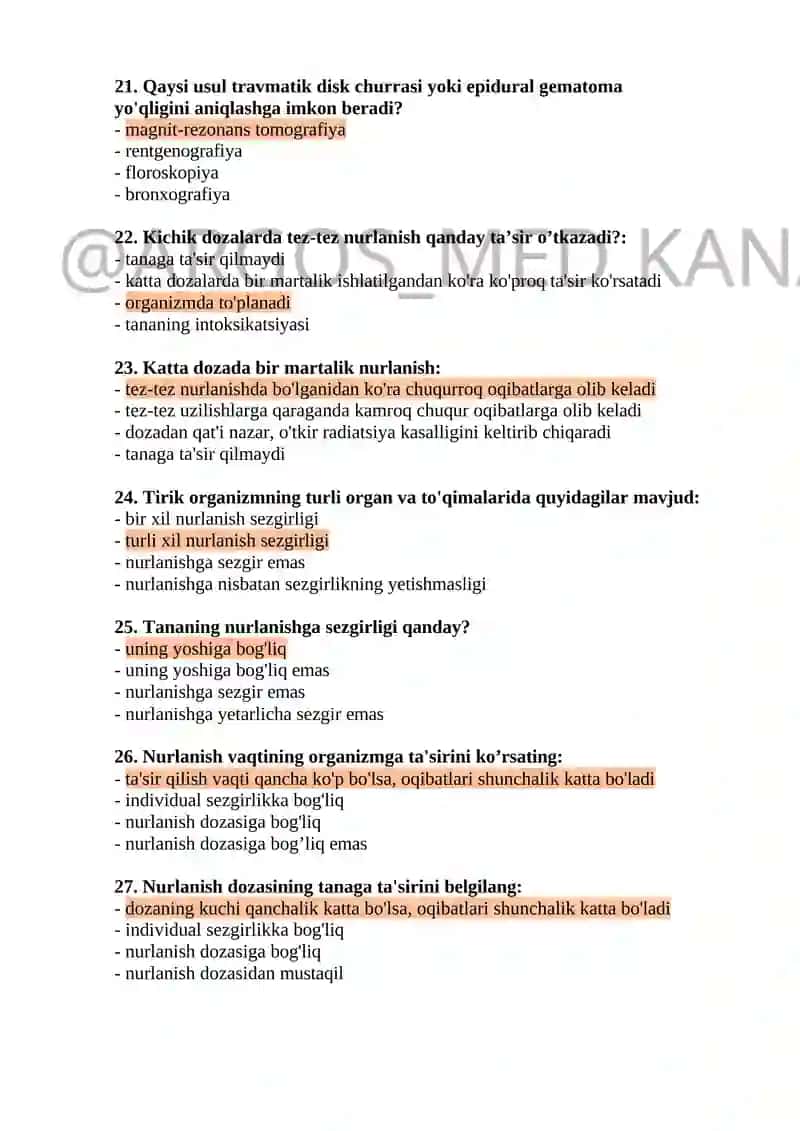 Rentgen laboranti mutaxassisligi bo'yicha shakllantirilgan test savollar ro'yxatib argos 4