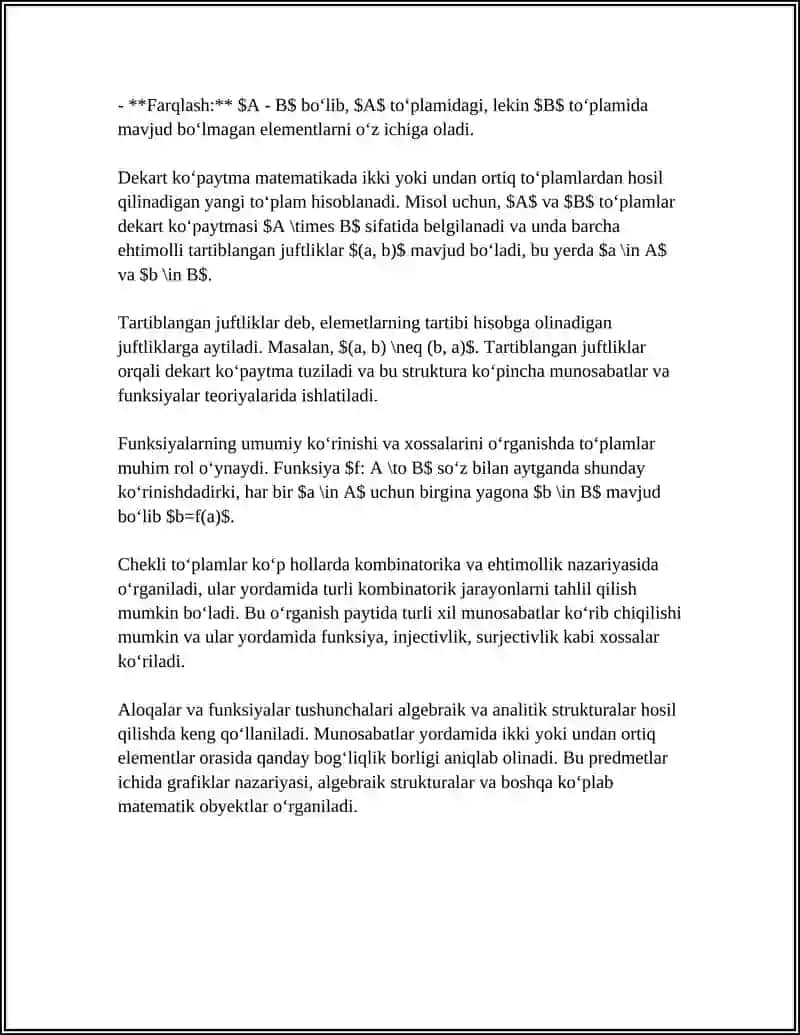 TO‘PLAM TURLARI. DEKART KO‘PAYTMA. TARTIBLANGAN JUFTLIKLAR. CHEKLI TO‘PLAMLARDA MUNOSABATLAR VA FUNKSIYALAR TUSHUNCHASI 4