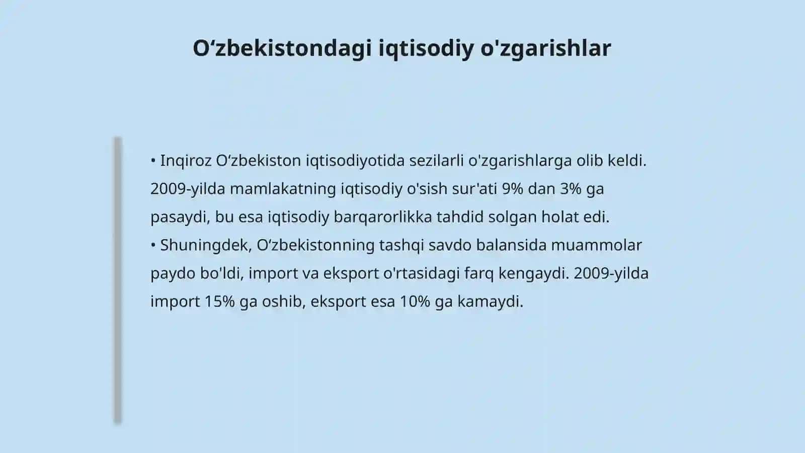 2008-yilgi jaxon moliyaviy inqirozining O‘zbekistonga ta'siri va uning oqibatlarini Bartaraf etish choralari 4