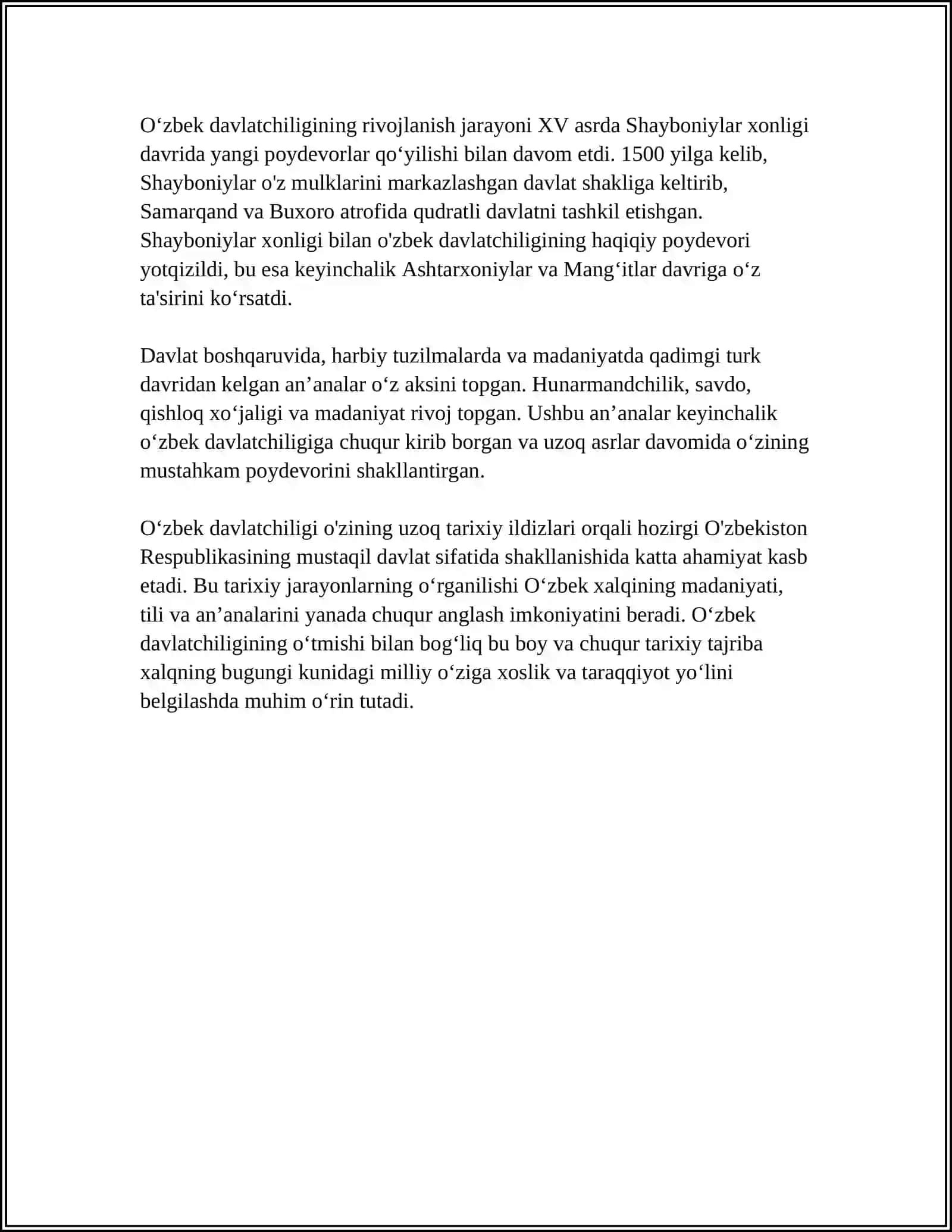 OʻZBEK DAVLATCHILIGINING TARIXIY BOSQICHLARI (OʻZBEKISTON HUDUDIDAGI DAVLATLAR TARIXI MISOLIDA) 4