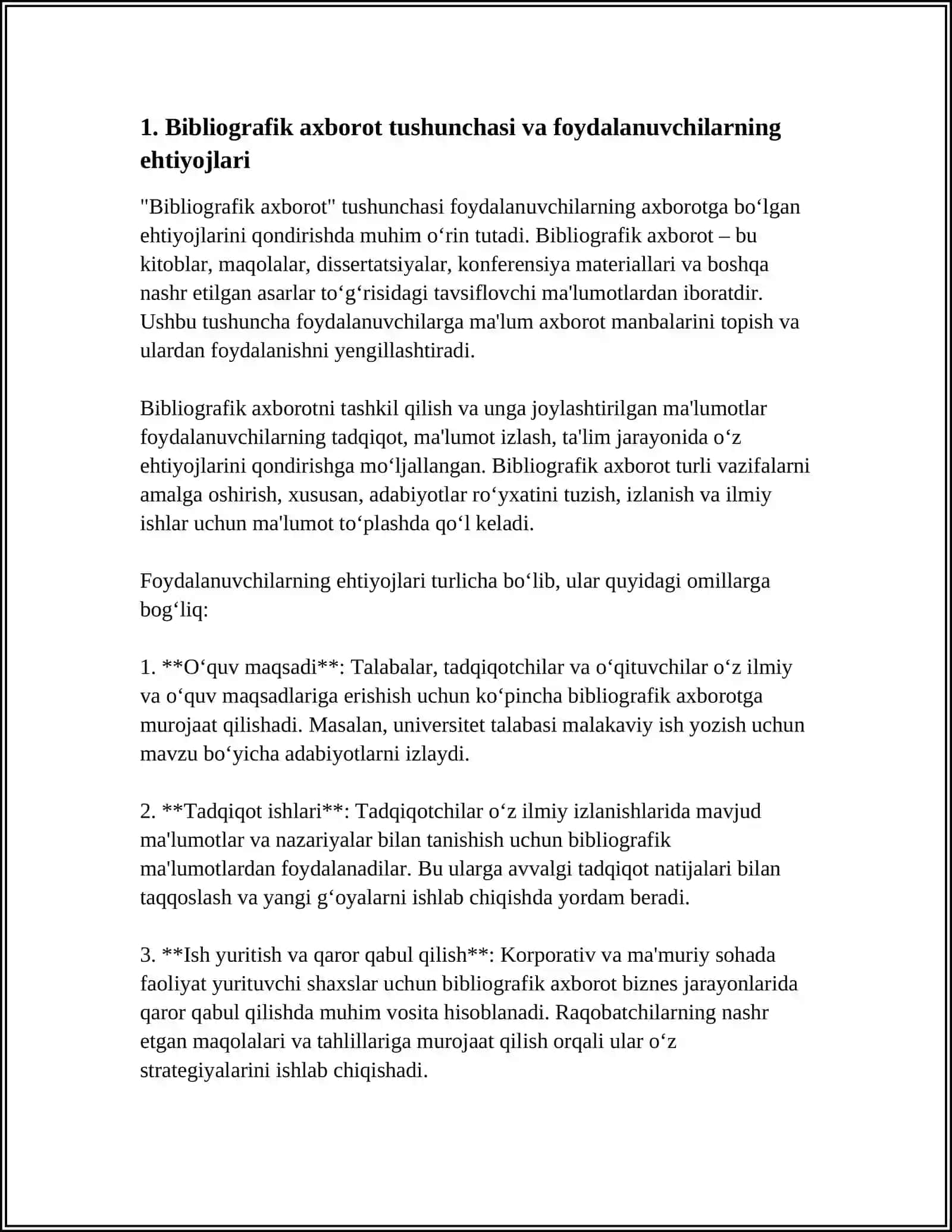 BIBLIOGRAFIK AXBOROT ORQALI FOYDALANUVCHILARNING BIBLIOGRAFIK AXBOROTGA BOʻLGAN EHTIYOJLARINI QONDIRISH AHAMIYATI 4