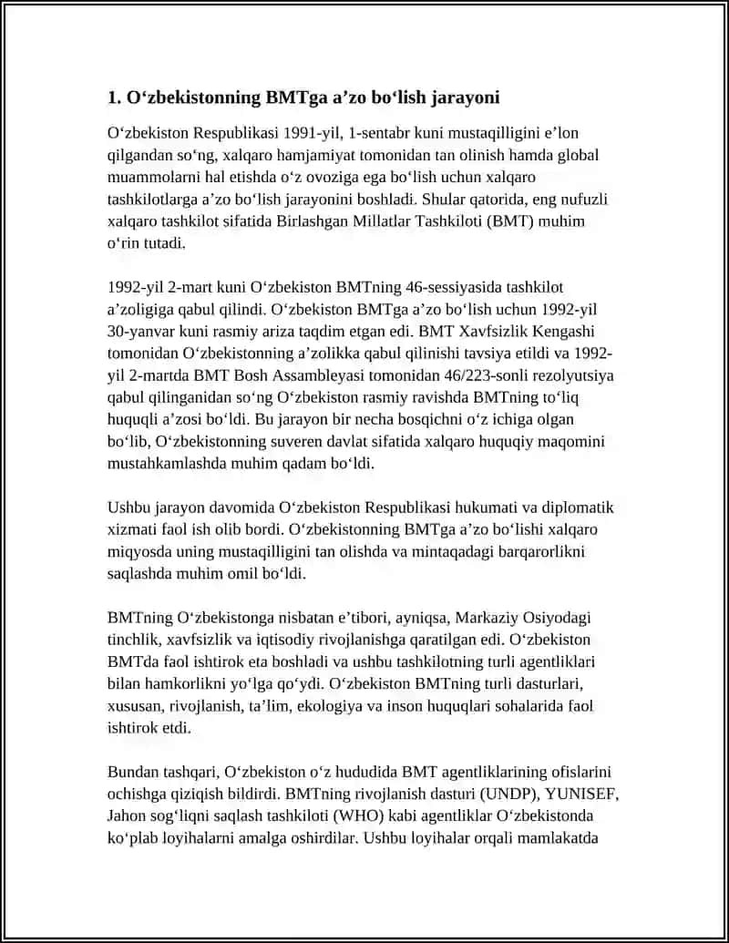 Oʻzbekistonning BMTga A'zo Bo'lishi va Jahon Hamjamiyatidagi O'ziga Xos O'rni 4