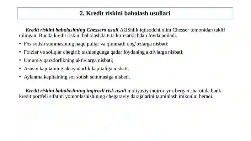 Tijorat banklarida kredit riski mazmuni, baholash va ularni boshqarish usullari 4