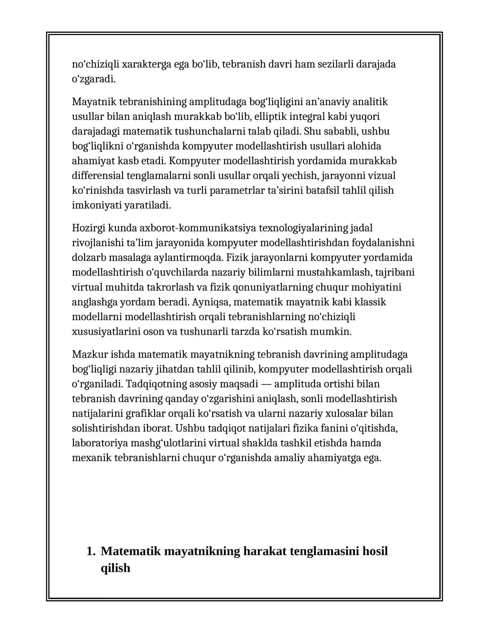 MATEMATIK MAYATNIKNING TEBRANISH DAVRI ULARNING AMPLITUDASIGA BOĜLIQLIGINI KOMPYUTERDA MODELLASHTIRISH 4