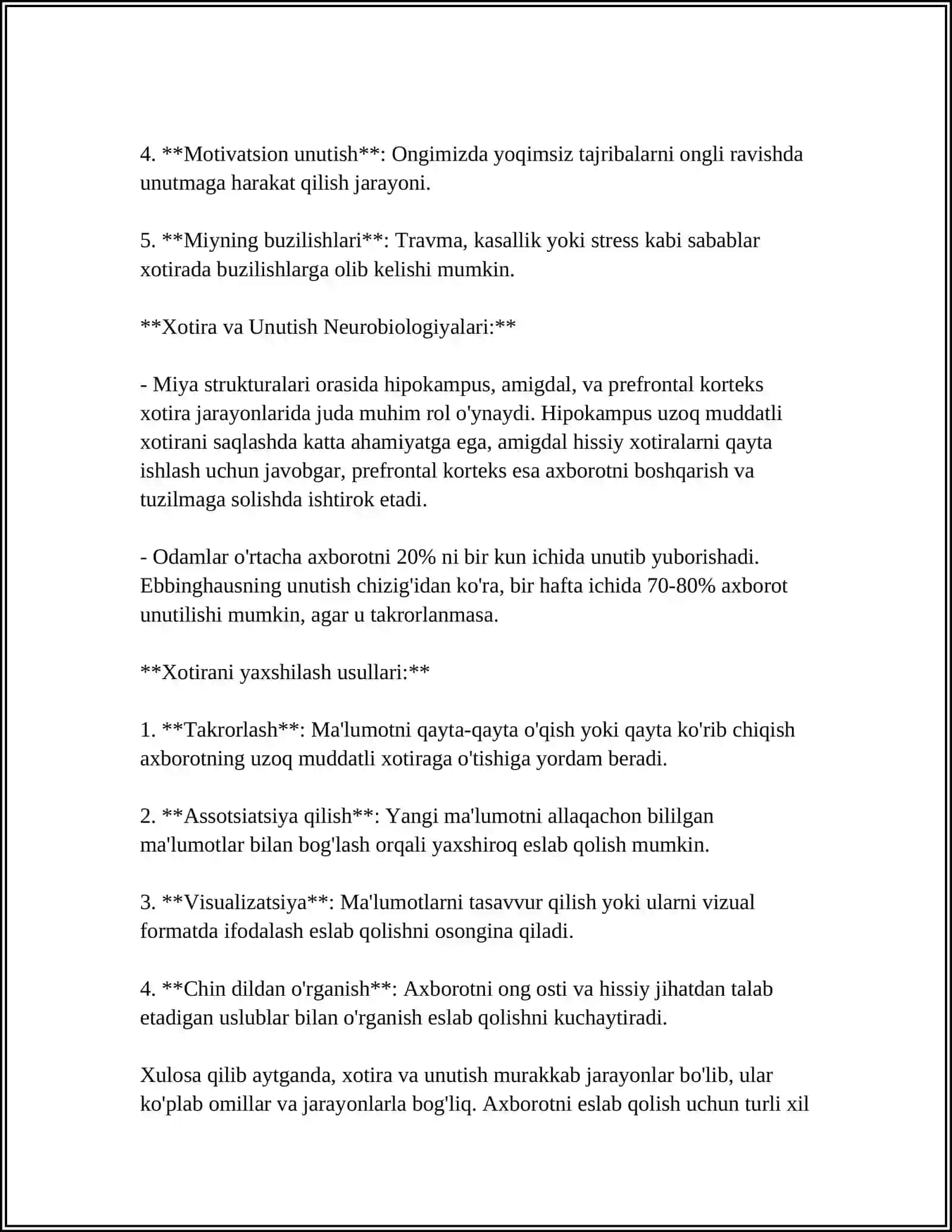 MUSTAQIL ISH Mavzu: XOTIRA 4