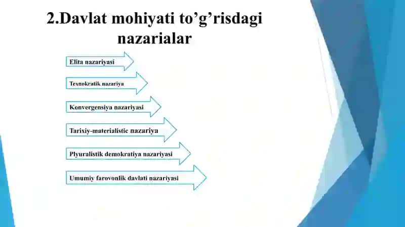 Davlatning mohiyati to‘g‘risidagi nazariyalarning xilma-xilligi va ularning o‘xshash va o‘zaro farqli jihatlari. 4