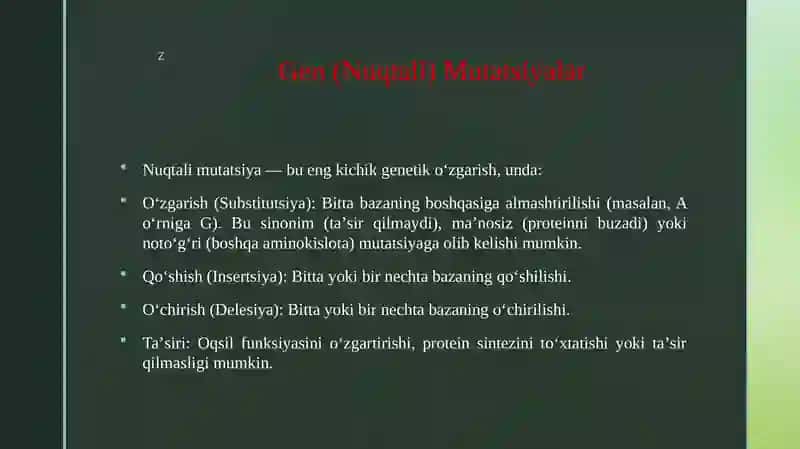 Gen yoki nuqtali mutatsiyalar.Mutatsiya va DNK reparatsiyasining molekulyar mexanizmlari 4