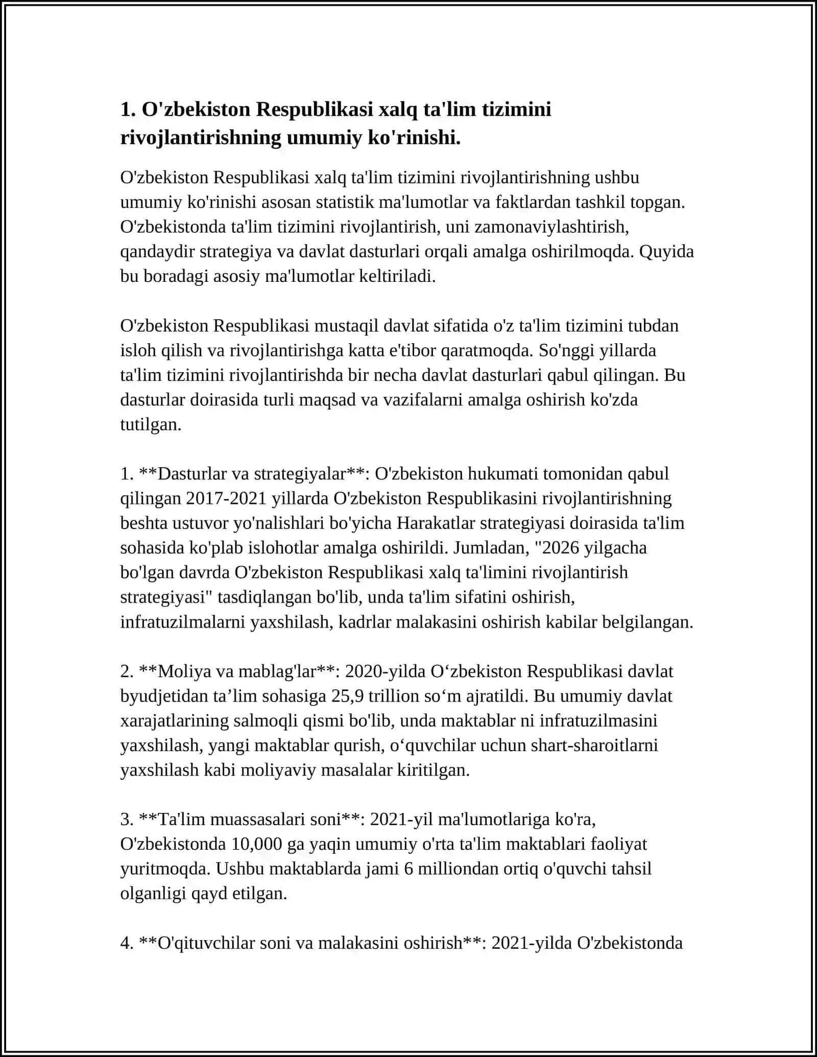 O‘ZBEKISTON RESPUBLIKASI XALQ TAʼLIM TIZIMINI 2030-YILGACHA RIVOJLANTIRISH KONSEPSIYASIDA BELGILANGAN VAZIFALAR VA KUTILAYOTGAN NATIJALAR TAHLILI 4