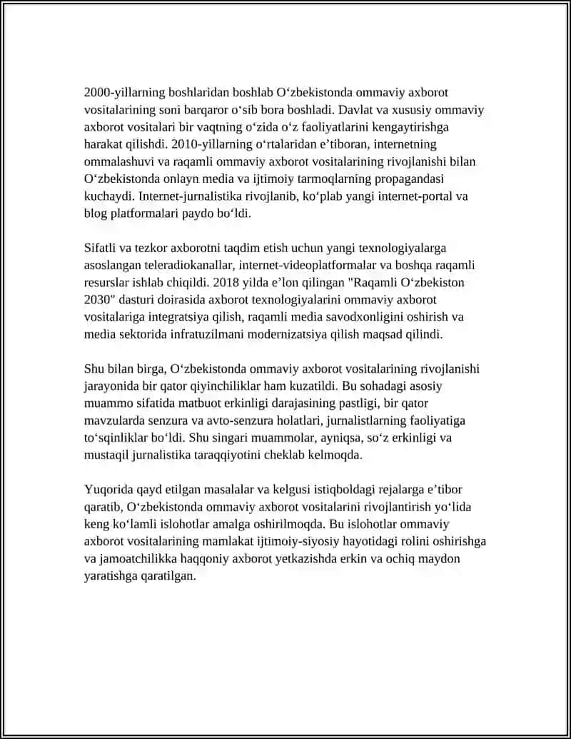O'ZBEKISTON RESPUBLIKASIDA OMMAVIY AXBOROT VOSITALARI FAOLIYATI 4