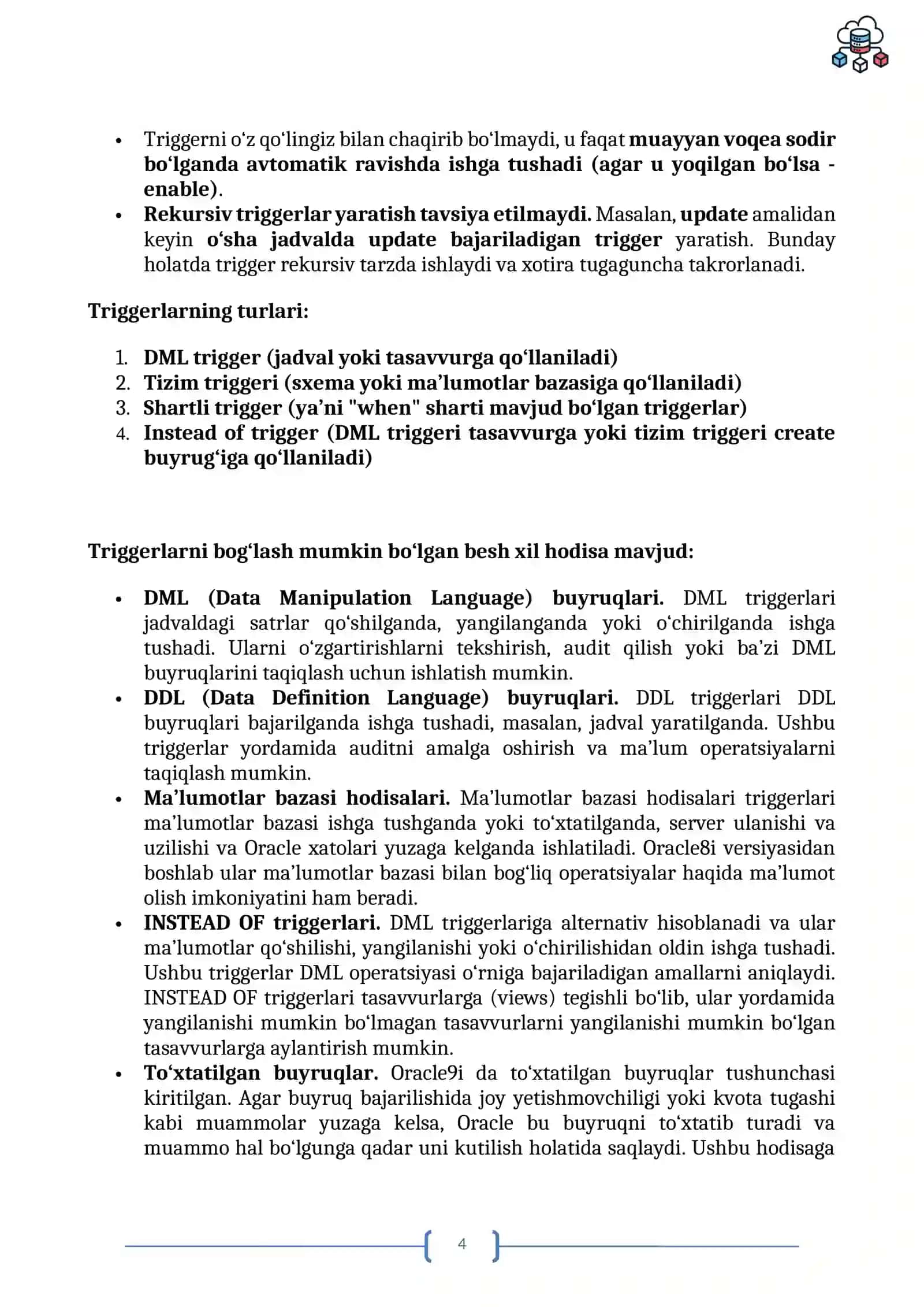 SXEMAGA TEGISHLI OBYEKTLAR. SAQLANGAN PROTSEDURALAR VA FUNKSIYALAR 4