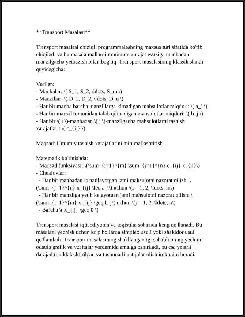 CHIZIQLI PRAGRAMMALASHTIRISHDA IKKILANISHDA NAZARIYASI. TRANSPORT MASALASI 4