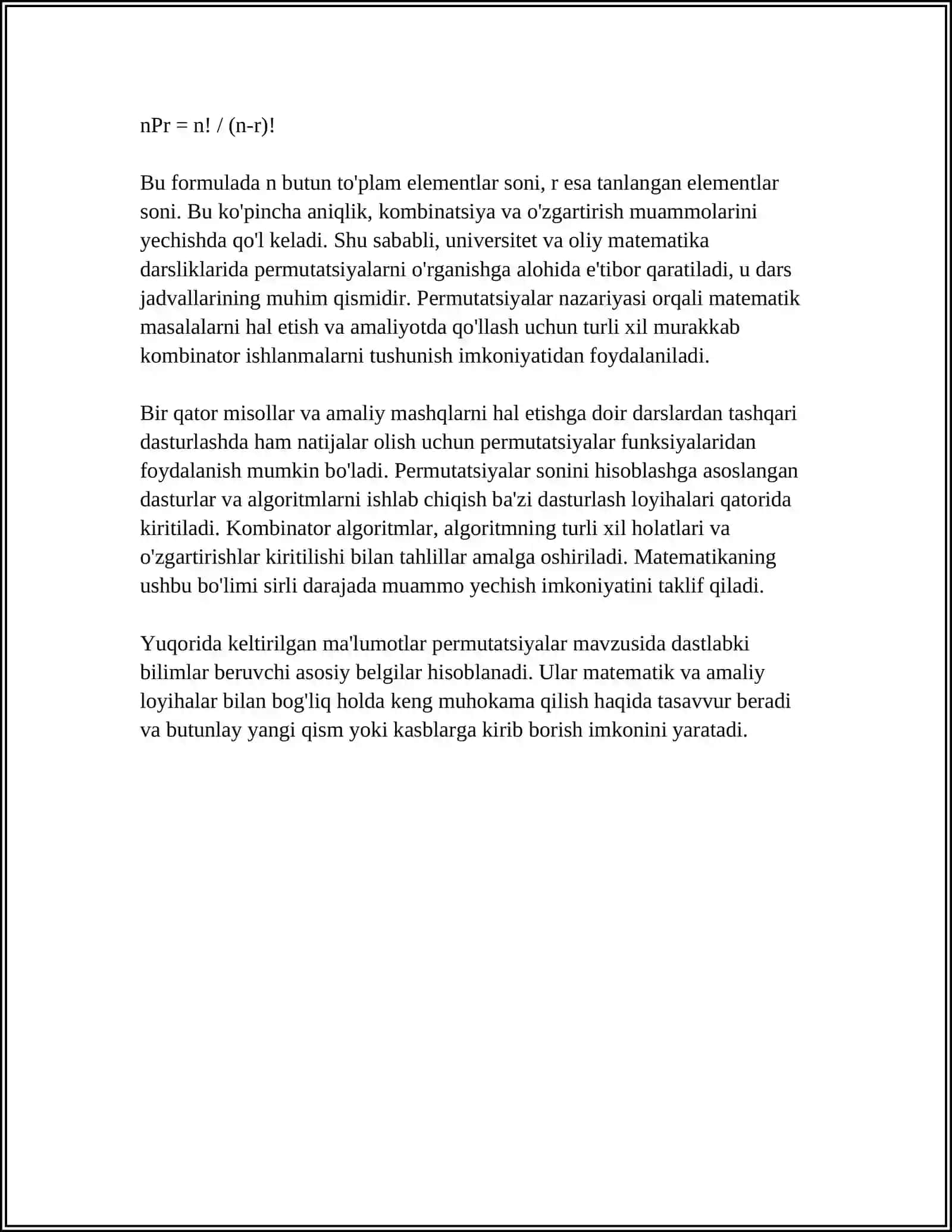 KOMBINATORIKA MAVZUSIDAGI FORMULALAR YORDAMIDA YECHILADIGAN MASALALAR 4