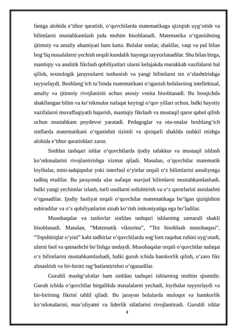 Boshlang‘ich sinflarda matematikadan sinfdan tashqari ishlarni tashkil etishning maqsad va vazifalari 4