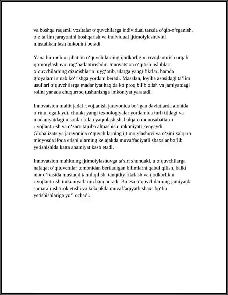 OʻQUVCHILARNING IJTIMOIYLASHUVIDA INNOVATSION MUHITNING ROʻLI 4