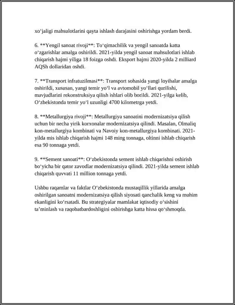 MUSTAQILLIK YILLARIDA SANOAT SOHASIDAGI O'ZGARISHLAR 4