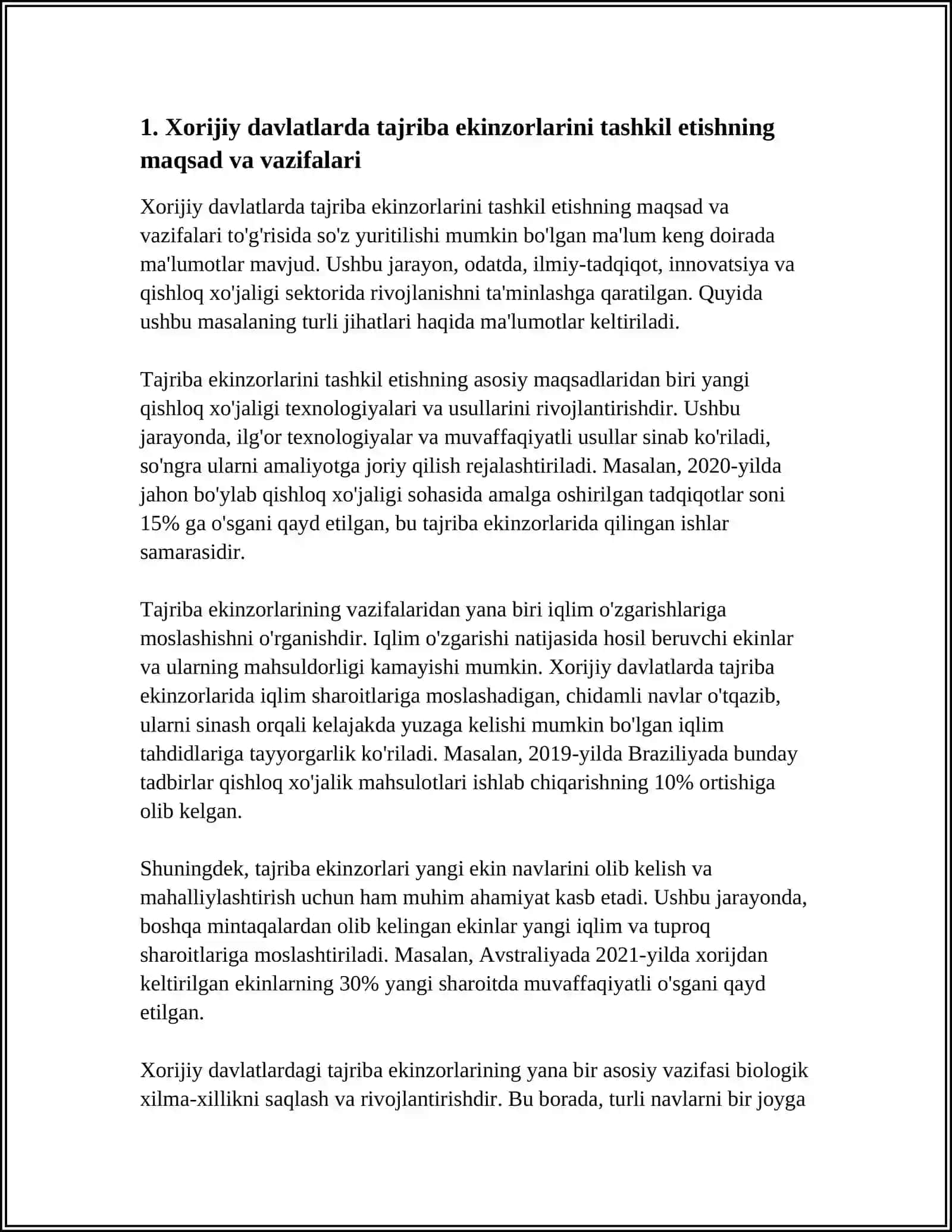 XORIJIY DAVLATLARDA TAJRIBA EKINZORLARINI TASHKIL ETISHNI TUSHUNTIRIB BERING 4