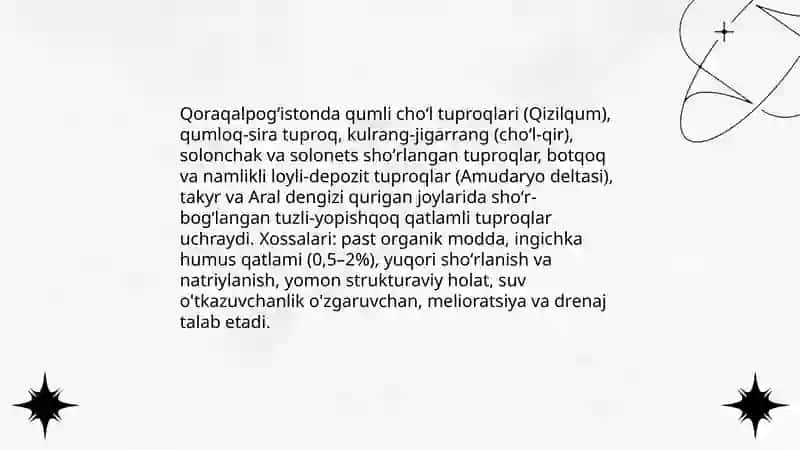 Qoraqalpogʻistonning yer resurslari va shoʻrlanish 4