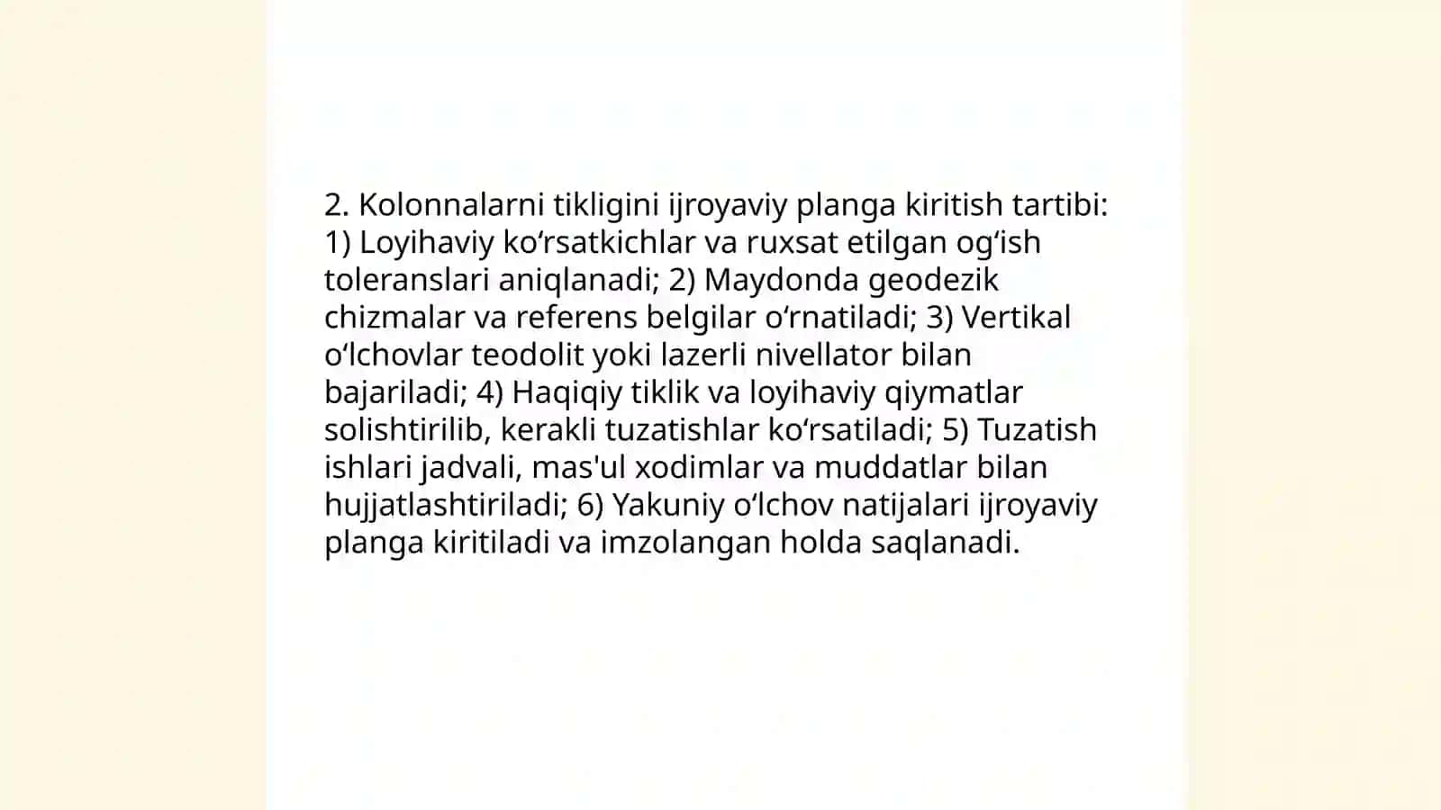 Kolonnalarni tikligini ijroyaviy planga olish 4