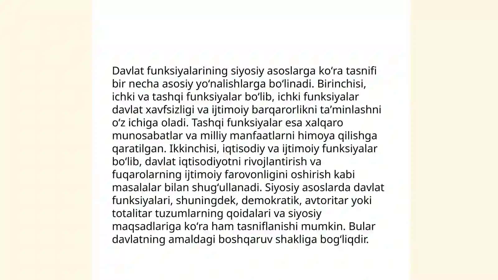 Davlat funksiyalarini turli asoslarga koʻra tasniflash 4