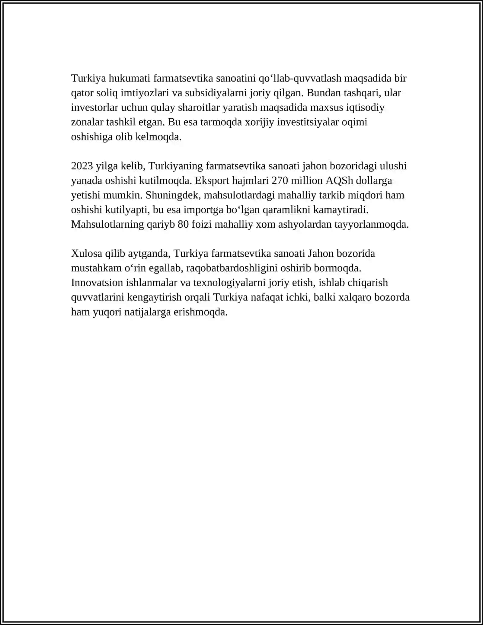 TURKIYA DAVLATINING FARMATSEFTIKA SOHASI, KIMYO SOHASI 4