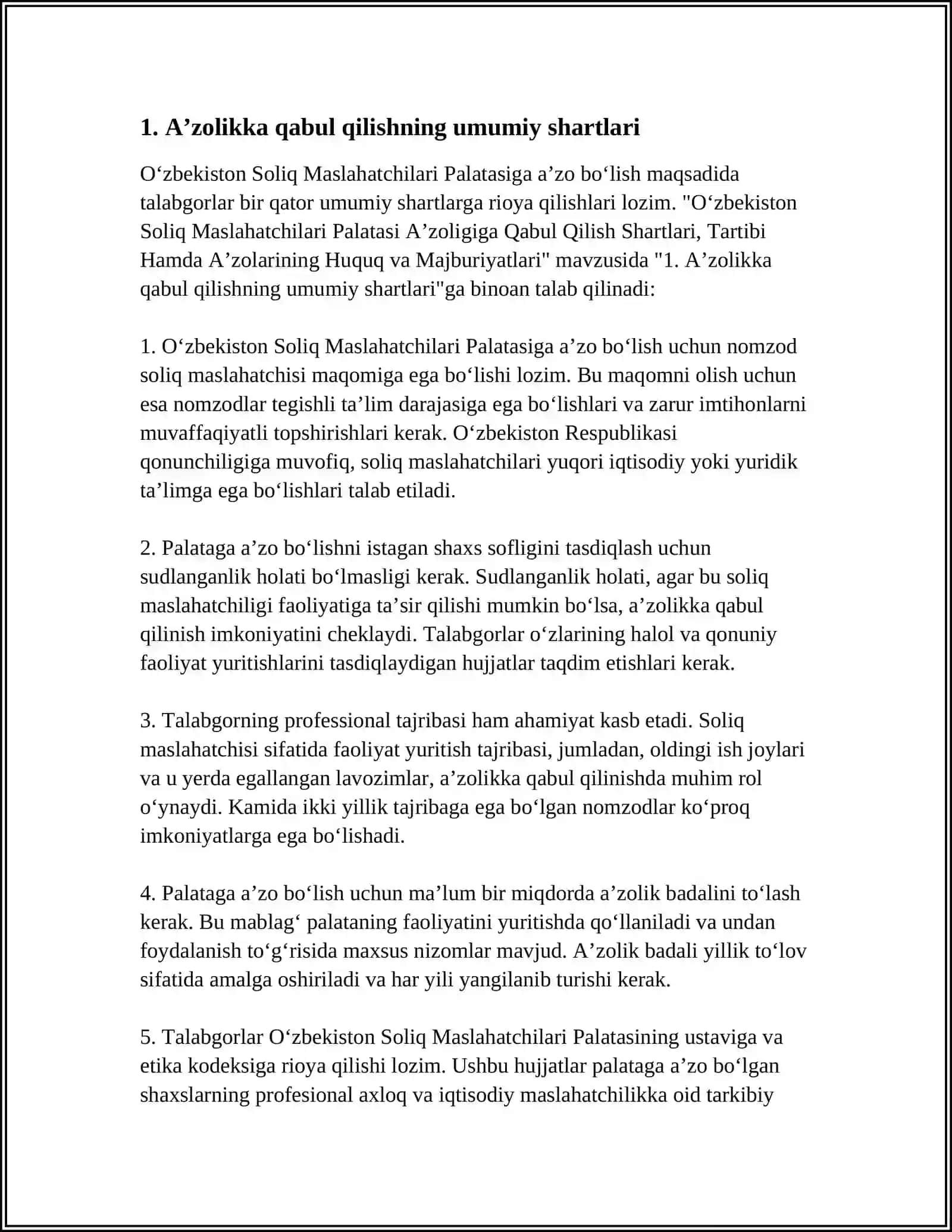 O‘ZBEKISTON SOLIQ MASLAHATCHILARI PALATASI AʼZOLIGIGA QABUL QILISH SHARTLARI, TARTIBI HAMDA AʼZOLARINING HUQUQ VA MAJBURIYATLARI 4