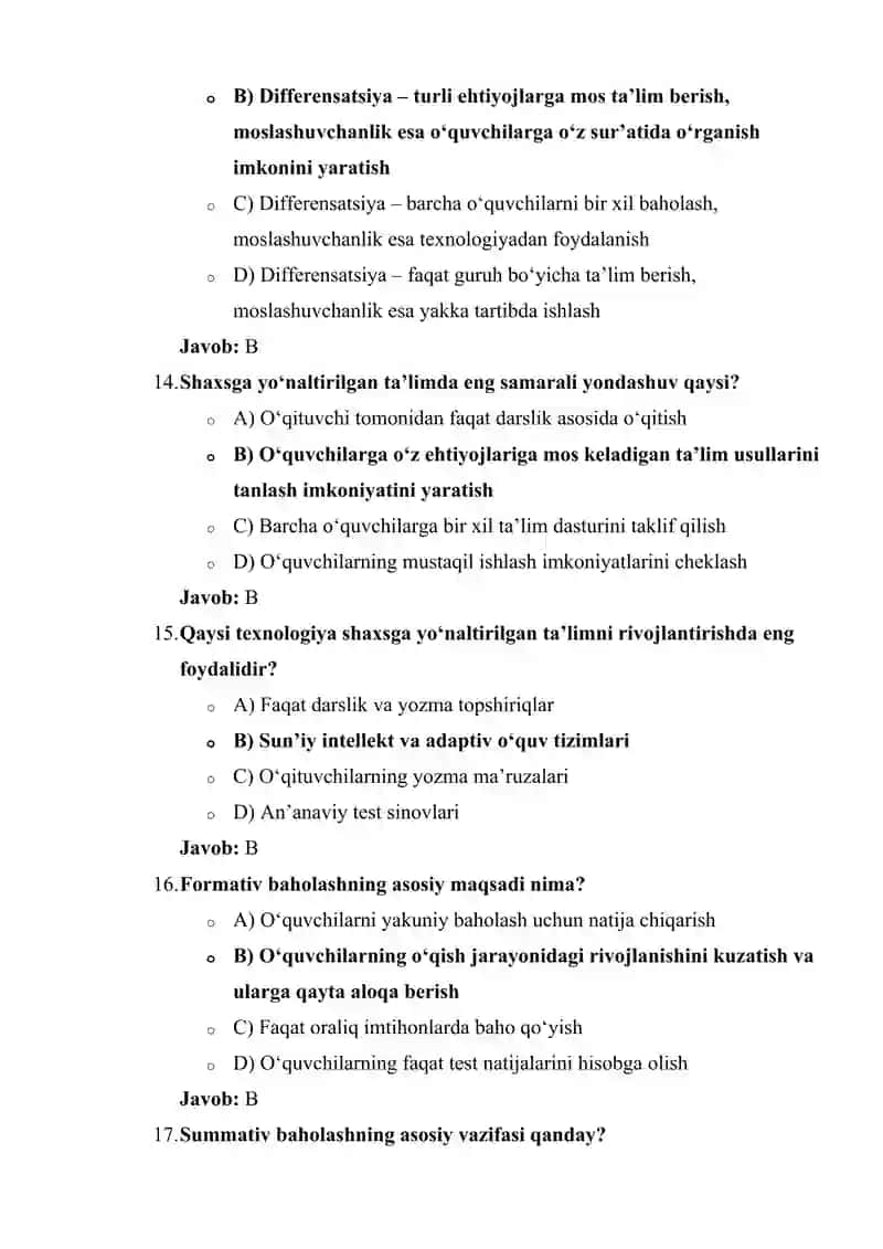 fan o'qituvchilari uchun malaka oshirish imtixonlariga tayyorgarlik test savol va javoblari, 4