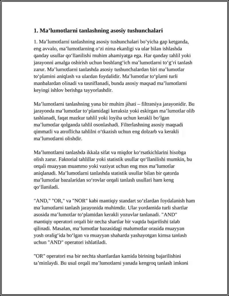 MA’LUMOTLARNI TANLASH VA ULAR USTIDA AMALLAR. AND, OR, NOR MANTIQIY STANDART SO‘ZLARDAN FOYDALANISH 4