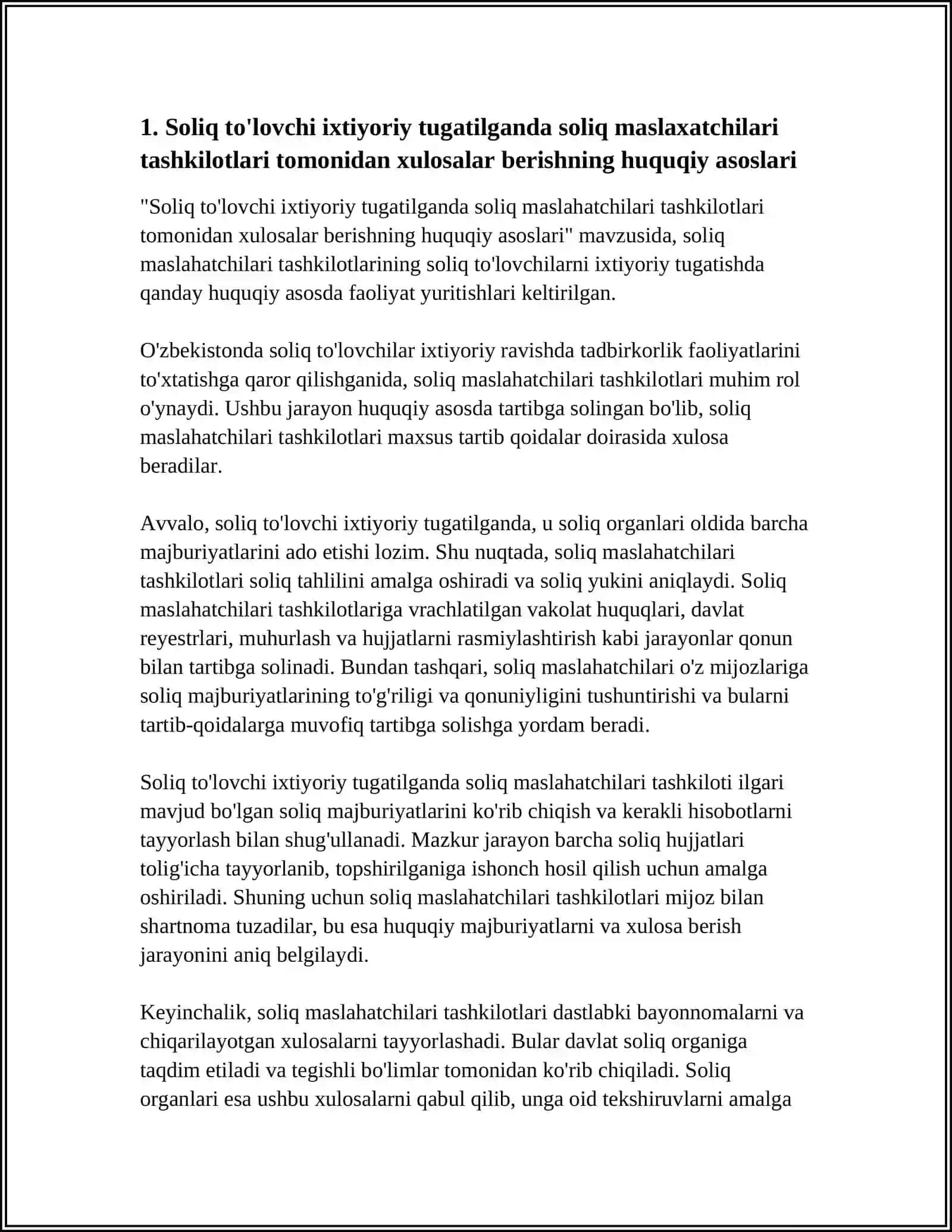 SOLIQ TO'LOVCHILAR IXTIYORIY TUGATILGANDA SOLIQ MASLAXATCHILARI TASHKILOTLARI TOMONIDAN SOLIQLARGA DOIR XULOSALARNI BERISH TARTIBI 4