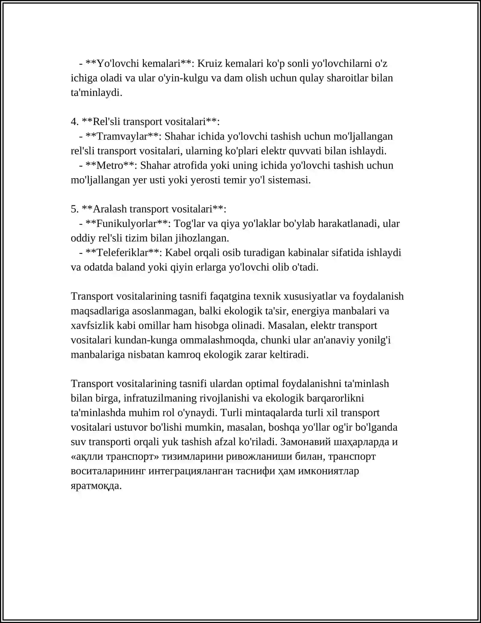 TRANSPORT VA PIYODALAR HARAKATINI TAVSIFLOVCHI ASOSIY KO'RSATGICHLAR 4
