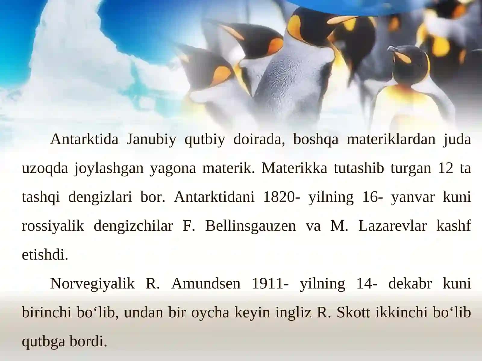 ANTARKTIDA Geografik o‘rni, o‘rganilish tarixi, geologik tuzilishi, foydali qazilmalari. Relyefi 4