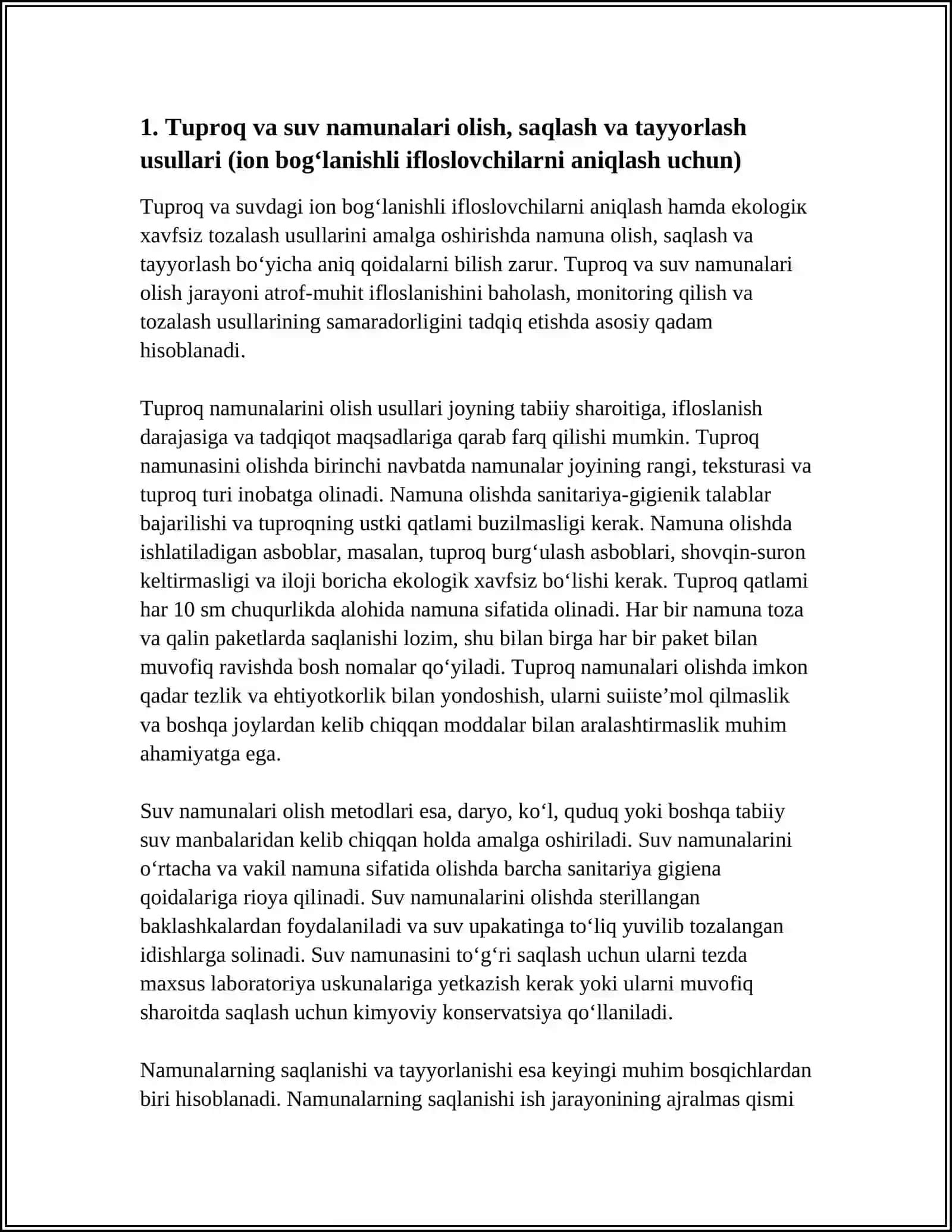 TUPROQ VA SUVDAGI ION BOG‘LANISHLI IFLOSLANTIRUVCHI MODDALARNI ANIQLASH VA EKOLOGIK XAVFSIZ TOZALASH USULLARI 4