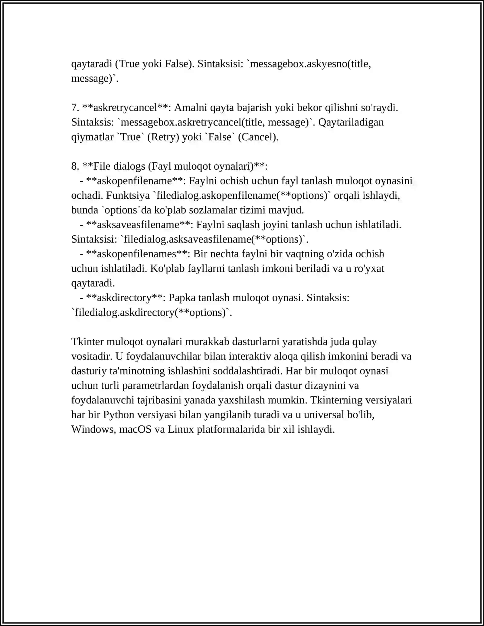 TKINTERDA MULOQOT OYNASI WINDOWS: XABARLAR QUTISI, FAYL DIALOGI VA RANGLAR DIALOGI 4